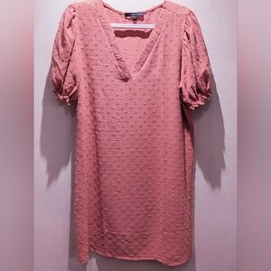 Adrienne Vittadini Pink Mini Sheath Dress with Puff Sleeves and V-Neck Like New